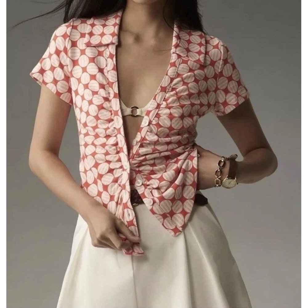 Anthropologie Maeve Ruched Blouse Collar Buttons Size XS Red Orange OB1706757‎